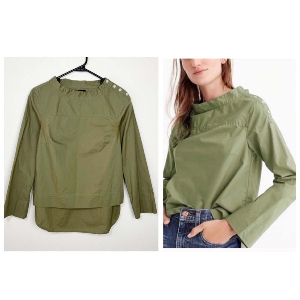 J. Crew Funnel Neck Shirt Blouse Top Green Size 0 lagenlook Hi Low & long sleeve